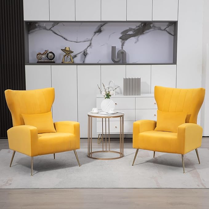 Living Room Chairs Set of 2 Modern Velvet Accent Chairs with Lumbar Pillow High Back Armchair Arm Chairs with Gold Metal Legs for Bedroom Yellow
