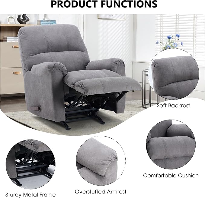 CANMOV Rocker Recliner Chair for AdultsManual Recliner Chair with Overstuffed Backrest and Armrests Soft Fabric Manual Rocking Reclining Sofa for Living RoomGrey