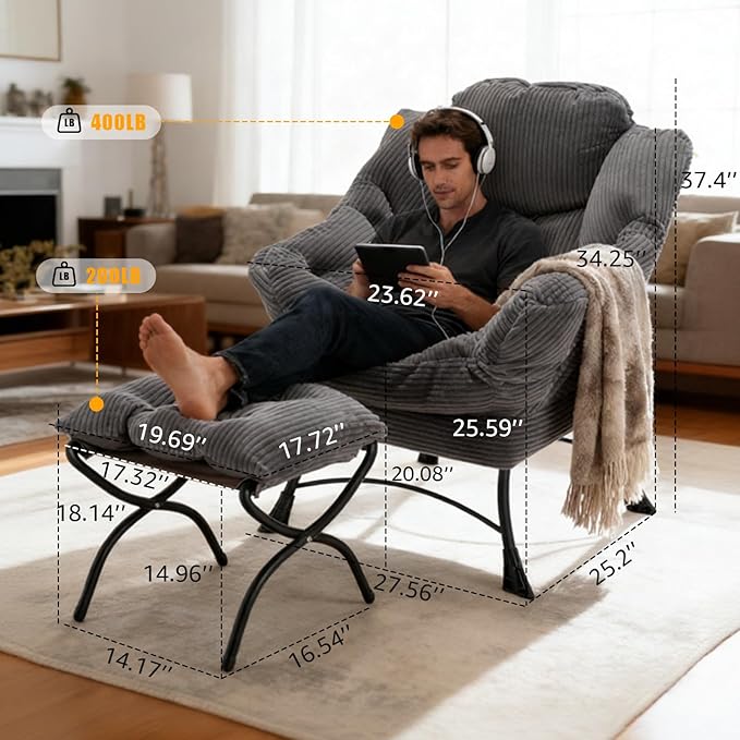Oversized Lazy Chair with Ottoman for Adults Chair and Ottoman Set Modern Skinny Lounge Chair with Footrest Wide Reading Chair for Living Room Comfy Accent Armchair for Small Spaces Dark Gray