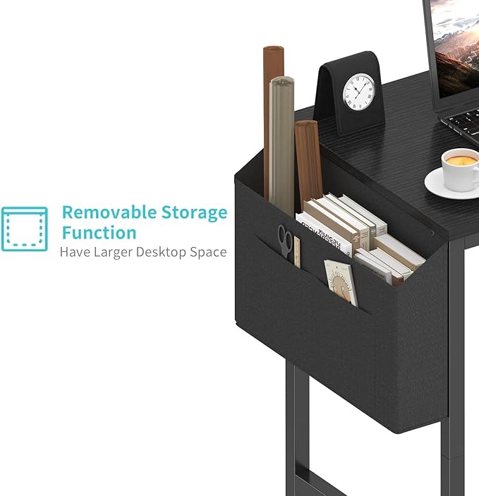 Lufeiya Small Desk for Small Spaces 24 Inch Kids Girls Study Writing Mini Desks for Bedroom Simple Modern Laptop PC Little Side Table with Storage Bag Headphone Hooks Black