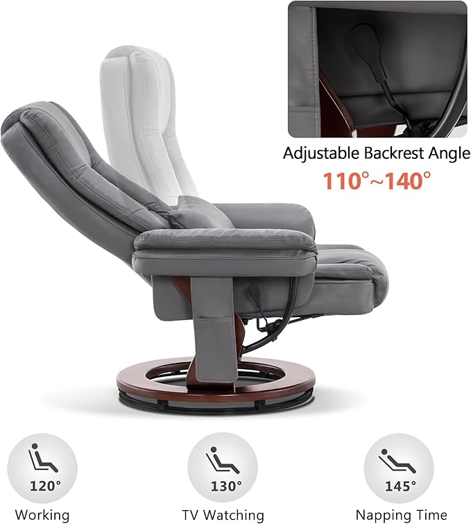 MCombo Swivel Recliner with Ottoman Chair TV Chair Sets with Vibration Massage for Small Space Living Room Bedroom 9096 9099 (Faux Leather Grey)