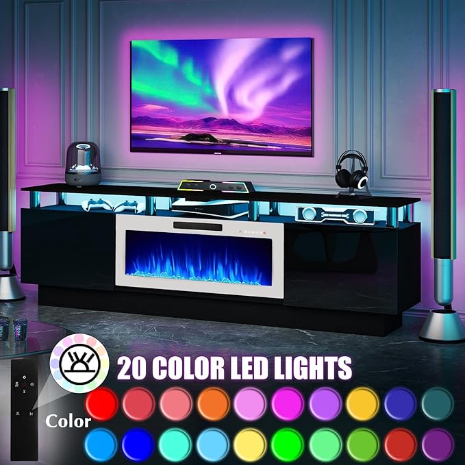 80 Modern Fireplace TV Stand with 36 Electric Fireplace for TVs Up to 90 inch Luxury LED Light Entertainment Center with High Gloss Cabinet Black + Silver Posts with White Fireplace