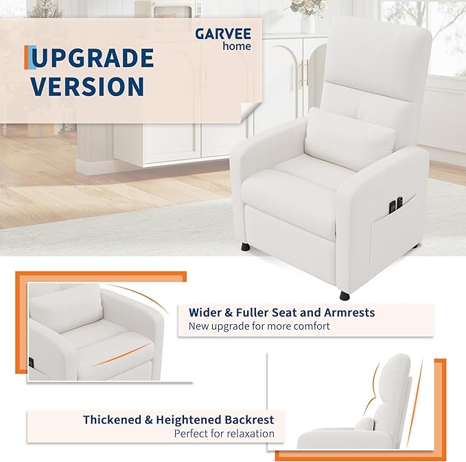 Power Recliner Chair Adjustable Electric Reclining Chair for Adults Overstuffed Tall Back Sofa with Padded Seat 2 Side Pockets &amp USB Port Home Theater Seating for Living Room - White