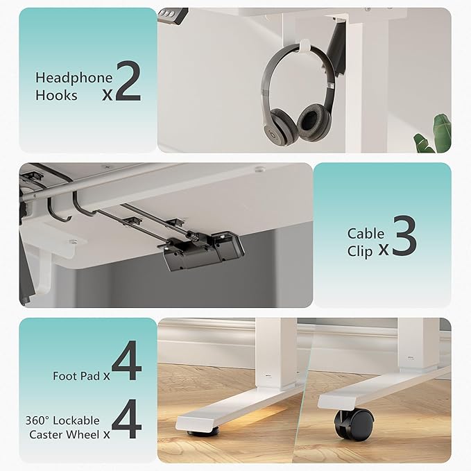 55 x 24 Inch Electric Standing Desk with 4 Wheels Height Adjustable Desk for Home Office Sit Stand Desk with 4 Memory Presets Headphone Hooks and Cable Clips Splice Board White