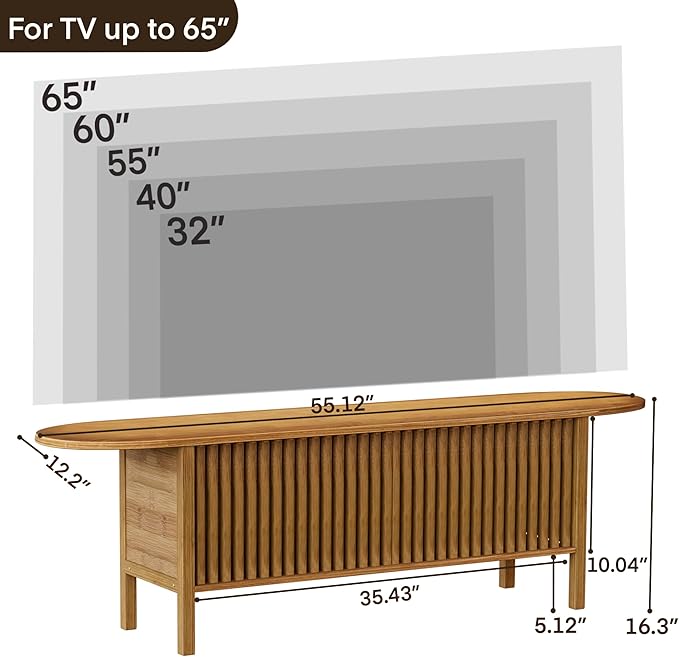 Bamboo TV Stand for TVs up to 65 Accent Entertainment Center with Storage Media Console Table with Fence Door Modern TV Stand for Living Room Bedroom 55(L) Walnut