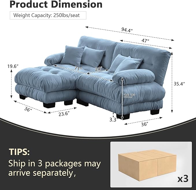 Setawix Luxury Modular Sectional Sofa Couch with Deep SeatOversized L-Shaped 2 Seater Sofas with Curved ArmrestComfy Chenille Cloud Couch for Living RoomBlue