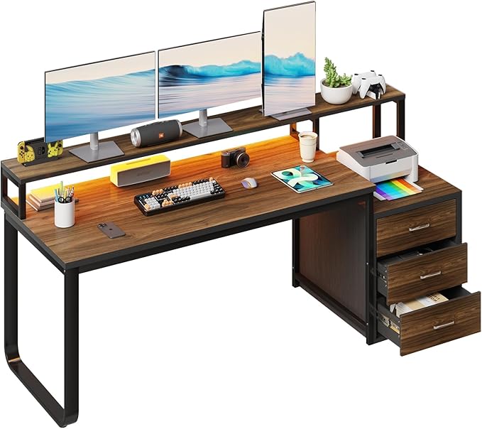 HOMBCK 67 Computer Desk with 3 Drawers Home Office Desk with Long Monitor Stand and Printer Space Office Desk with Storage &amp LED Lights Writing Desk with Drawers Black and Walnut