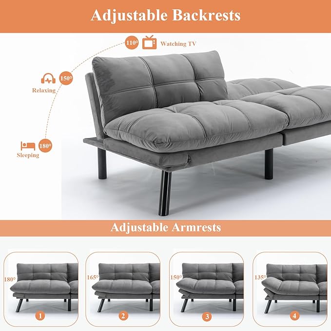 Anwick Futon Sofa Bed Velvet Convertible Futon Sleeper Couch 71 Sleeper Sofa Bed with Adjustable Backrest Modern Loveseat Couch for Compact Living Room Apartment Office (Grey)