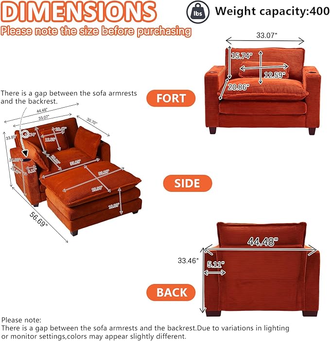 Oversized Chair with OttomanOversize Chaise LoungeReading Boneless Sofa BedChaise Lounge Chair Indoor with Side PocketSleeper Couch with USB&ampCup HolderCorduroy Sofa Couch for Living Room (Ora