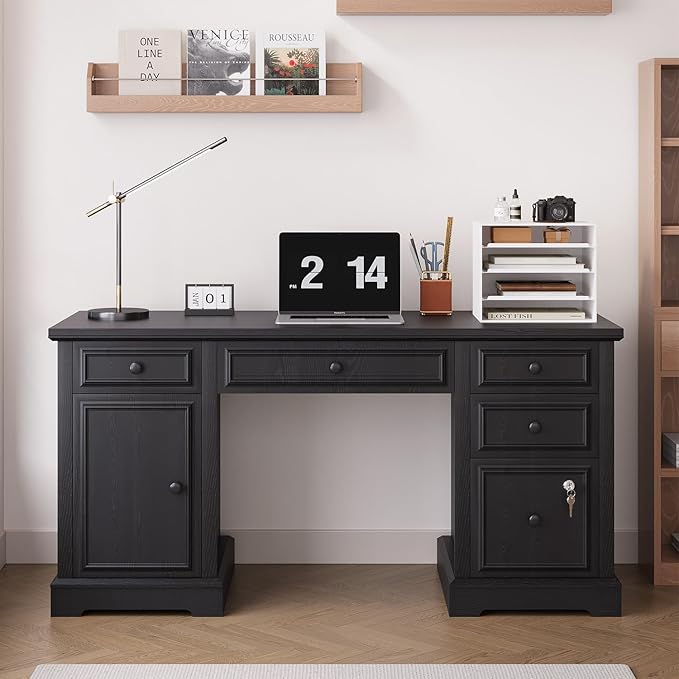 Vipbear 59 Executive Desk Farmhouse Computer Desk with Drawers Lockable File Drawer Storage Cabinet &amp Power Outlet Rustic Home Office Desks Workspace for Work Study Writing Black