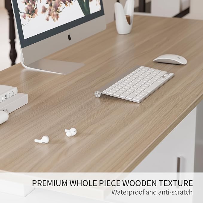 FEZIBO L Shaped Executive Standing Desk with File Cabinet &amp Shelves Electric Height Adjustable &amp Shape Reversible Light Walnut