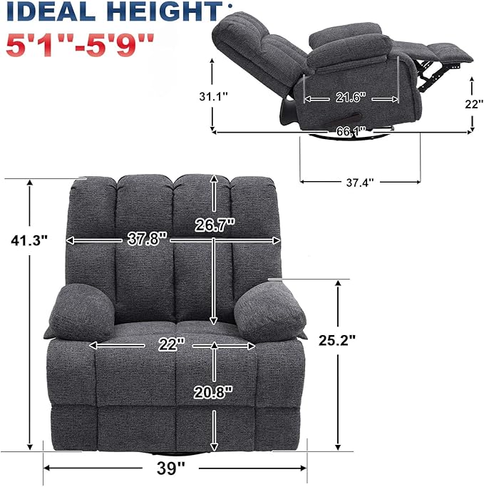Oversized Swivel Rocker Recliner Chair for Adult Rock Recliner for 350lb Big Man Extra Wide Manual Recliners Overstuffed Soft Rocking Sofa ChairLight Grey