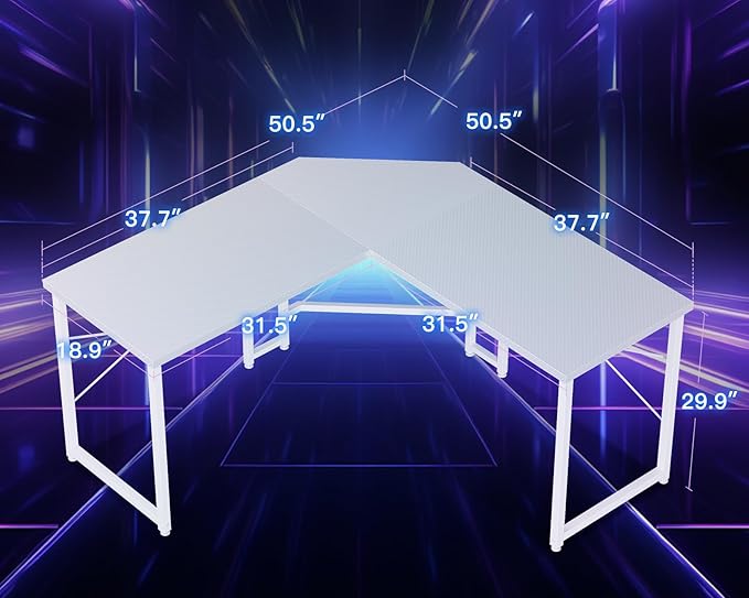 Casaottima L Shaped Gaming Desk Corner Desk Gaming Table for Home Office Computer Desk Sturdy Writing Workstation for Small Space Easy to Assemble 51 inch Carbon Fiber Surface White