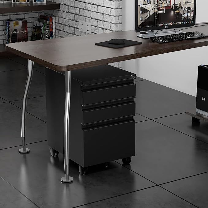 3 Drawer File Cabinet with Wheels Metal Filing Cabinet with Lock Office Rolling File Cabinets for A4/Legal/Letter Size Assembly Required Black