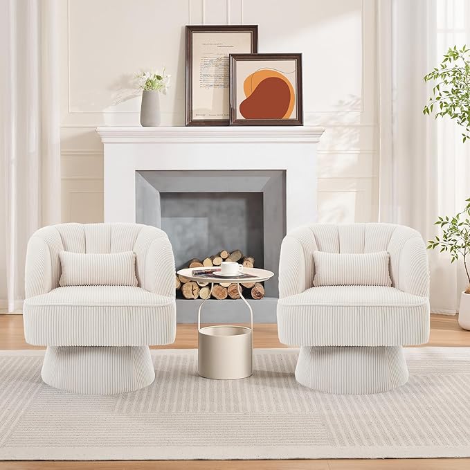 Swivel Barrel Chair - Velvet Upholstered Modern Armchair with Striped Backrest &amp Plush Padding Round Lounge Chair for Living Room Bedroom (Beige-Corduroy-(1 Pcs))