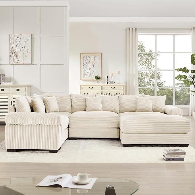 117.3 Oversized Modular Sectional Sofa Corduroy Large Sectional Couches for Living Room 3 Seater Couches with 1 Movable Ottoman Modern Deep Seat Sofa Set with Chaise White