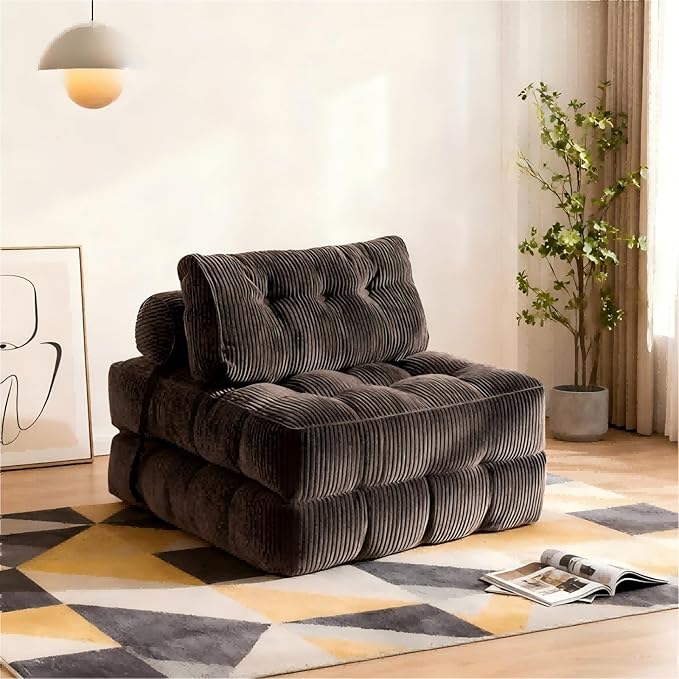 Folding Sofa Bed Convertible Floor Sofa Chair Bed with Pillow Comfy Corduroy Sleeper Lounge with Back Support Portable Fold Out Mattress for Living Room Bedroom Dorm(Coffee)