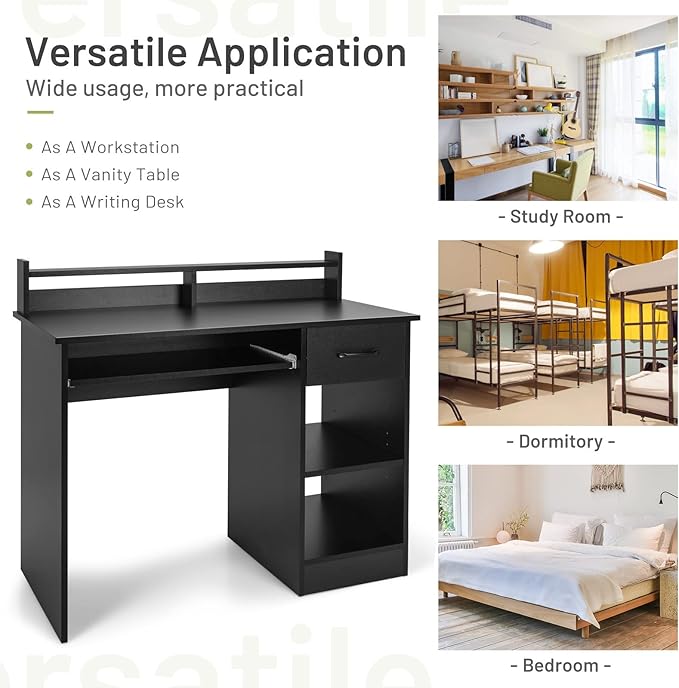 GORELAX Computer Desk with Hutch Wood PC Gaming Desk w/Drawers Open Storage Shelves Keyboard Tray Monitor Stand Student Desk for Bedroom Small Home Office Desk for Small Spaces (Black)