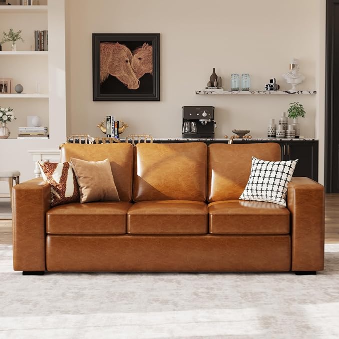 ABCASA 85 Sofa Couches for Living Room Faux Leather Sofa 3-Seater Comfy Modern Couch for Apartment OfficeBrown