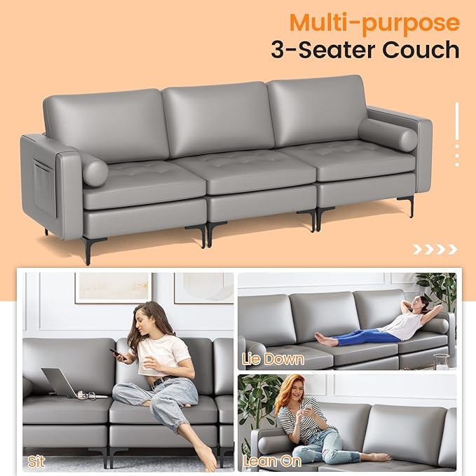 Giantex 97 Sectional Sofa Couch 3-Seater Modular Sleeper with USB Ports 3-Hole Socket Thick Cushion 2 Bolsters Armrest Magazine Pocket Metal Legs for Living Room Reception Bedroom Dark Grey