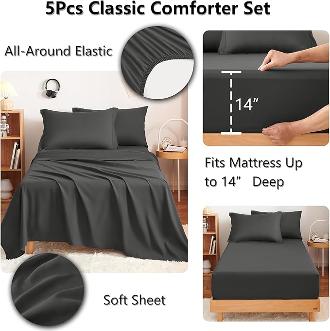 CozyLux Twin XL Comforter Set Dark Grey - 5 Pieces Twin Extra Long Bed in a Bag for College Dorm All Season Bedding Set for Girls and Boys Soft Bed Set with Comforter Sheets Pillowcase &amp Sham