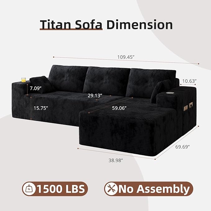 109 Boneless Couches for Living Room Modular Sectional Sofa with Oversized Chaise L-Shape Cloud Couch with Deep Seat (Black Right Facing Chaise)