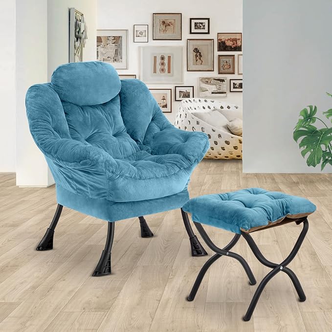 Lazy Chair with Folding OttomanLeisure Sofa ChairSoft Fabric Armchair with Armrests and Side Pockets Reading Chair with Footrest for Living Room Bedroom Office (Plush Blue)