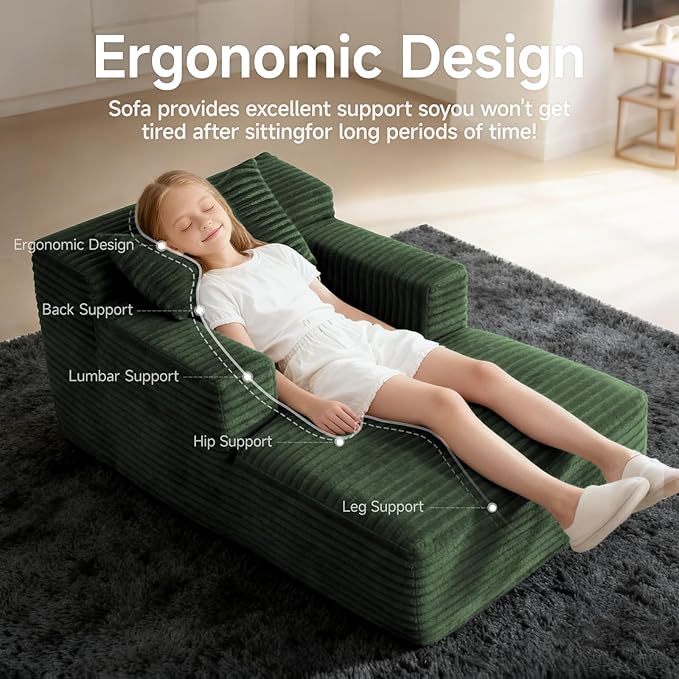 45'' Chaise Lounge Chair Indoor Corduroy Upholstered Boneless Sofa Bed Deep Seat Sleeper Couch Reading Chairs Small Comfy Cloud Sofas Couches for Living Room Bedroom Movie Room (Green)