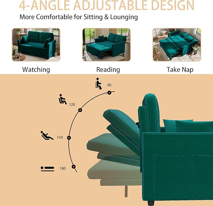 Pull Out Sofa Bed: 56 Green 3 in 1 Convertible Sleeper Sofa Bed Velvet Loveseat Sleeper Couch with Storage Comfy Futon Couch Beds for Living Room | Velvet