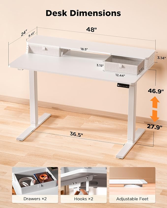 FiCiHi 48x24 Inch Standing Desk with Drawers C-Clamp Mount Compatible Electric Adjustable Height Computer Stand Up Desks Home Office Sit Stand Table with 3 Preset Heights White