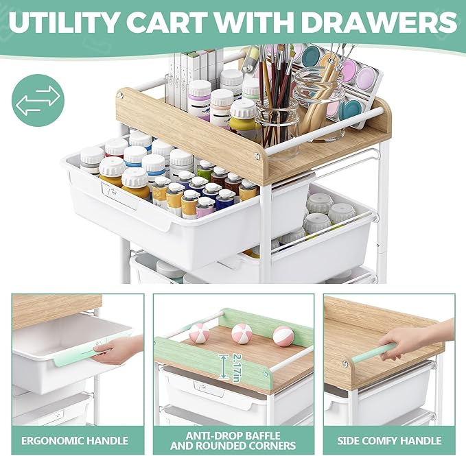 Rolling Cart with 5 DrawersArt Craft CartStorage Utility Cart with WheelsMakeup Organizer with Wooden TabletopWhite