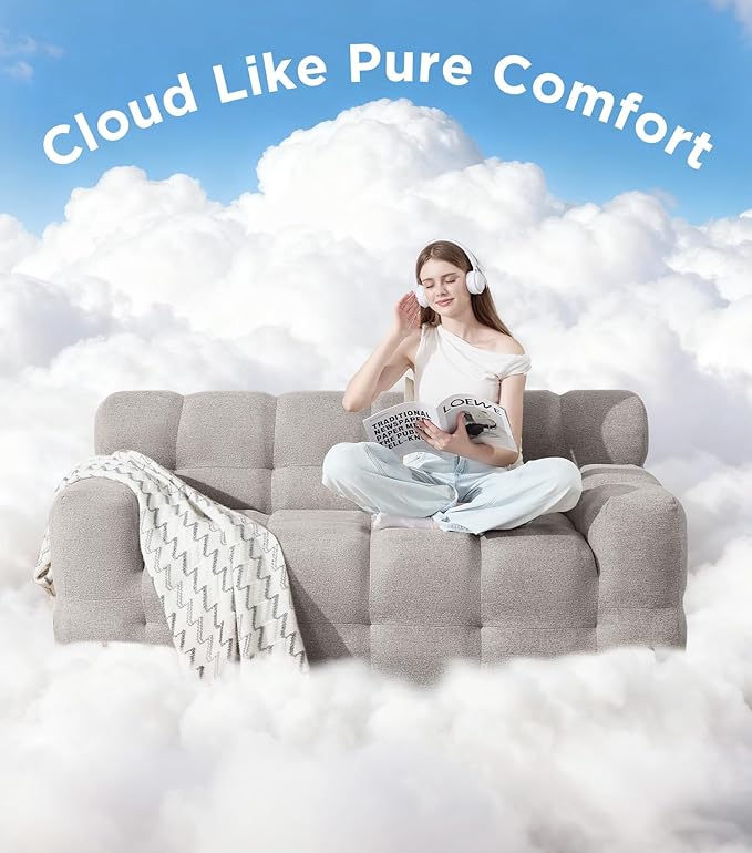 Tbfit Boneless Loveseat SofaComfy Tufted Cloud Couch Modern Living Room Floor Sofa Chair Chenille Grey