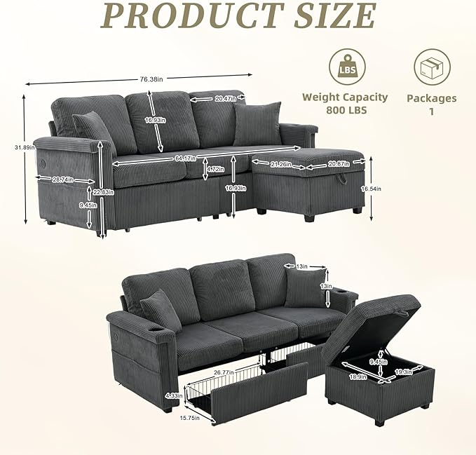 L-Shaped Sectional Sofa with Storage &amp Movable Ottoman Corduroy 3 Seater Sectional Couch with USB Charging Cup Holder &amp LED Light Couches for Living Room (Dark Gray 76.38)
