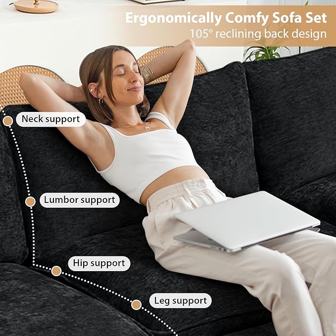Oversized Modular Sectional Sofa 111.8 Inch U Shaped Cloud Couch Set 3-Seat Comfy Chenille Convertible Sofa with 2 Movable Ottoman DIY Combination Sleeper Couch for Living Room Black