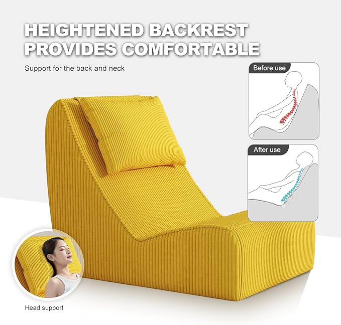 Giant Bean Bag Chair for AdultsCorduroy Chaise Lounge with Unrivaled Back Support Detachable Neck Pillow Comfortable Ottoman &amp Washable Cover for Living Room Bedroom Garden (Corn Yellow)