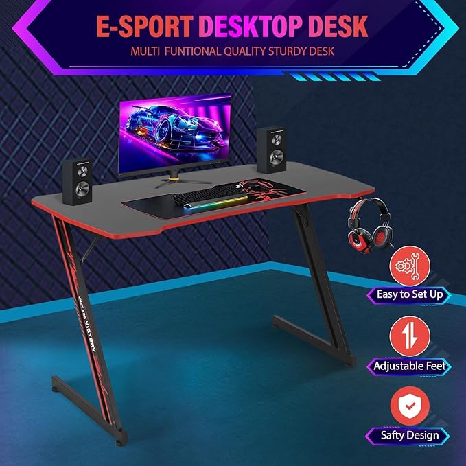 47 Inch Gaming Desk Wood Gaming Table Modern Z-Shaped Computer Desk for Home Office with Headphone Hook - Sturdy Gamer Workstation Table with Carbon Fibre Desktop Red