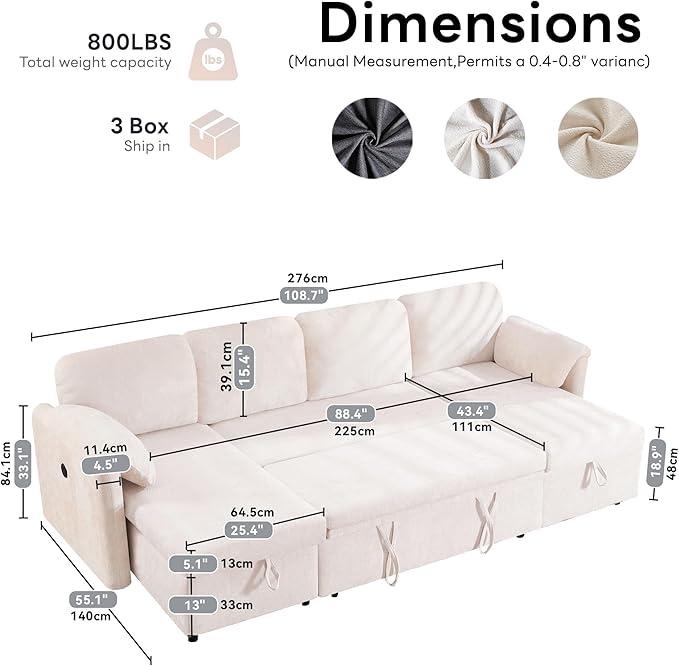 Tbfit 109'' Pull Out Sofa Sleeper Sofa Bed with USB &amp 2 Storage Chaises Comfy Oersized U Shaped Convertible Sectional Sleeper Couches for Living Room Apartment Office Beige