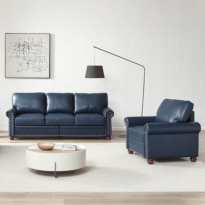 Antetek 2-Piece Comfy Upholstered Faux Leather Sofa Couch Set Mid-Century Modern Single Sofa Chair(1 Unit) + 3 Seater Couch(1 Unit) with Storage Space for Living Room Furniture Set Navy Blue