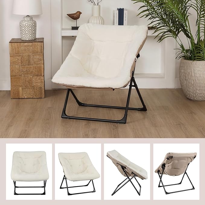 Comfy Saucer Chair for Adults Soft Faux Fur Bedroom Chair Accent Dorm Chairs Flexible Living Room Reading Chairs Oversized Folding Seat for Teens X-Large Beige