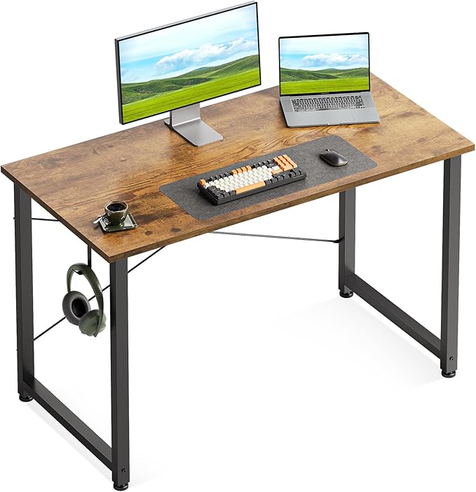 Casaottima 40 Inch Small Computer Desk for Home Office Study Writing Table for Small Spaces Simple Modern Desk with Headphone Hooks Rustic Brown