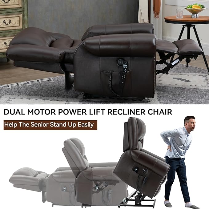 Genuine Leather Power Lift Recliner Chair Lazy Boy Recliner Chair with Charging Ports for Living Room Theater Seating Electric Single Sofa with Round Armrest Dark Brown