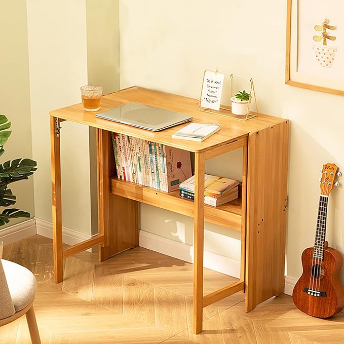 Bamboo Foldable Desk Home Office Desks with Bookshelf 40 Inch Solid Wood Folding Desk Wooden Desk Writing Desk Study Desk