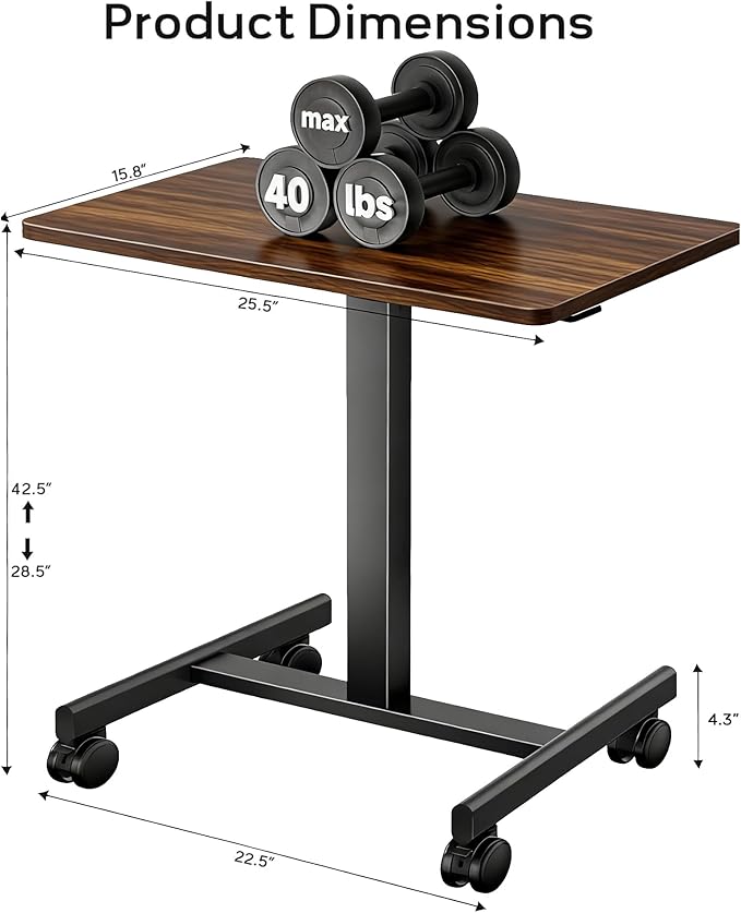 Mobile Small Standing Rolling Desk Adjustable Height Portable Laptop Desk on Wheels Computer Workstation for Home Office with HookRustic Brown