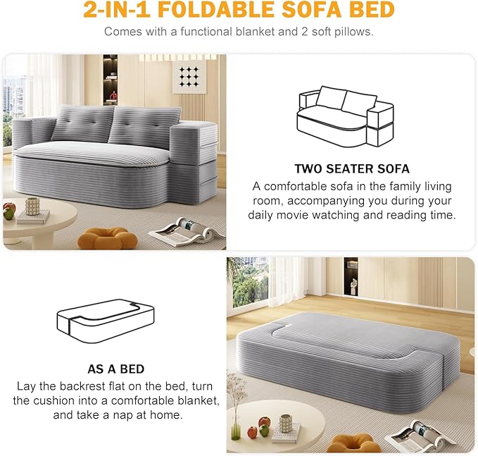 78.7 Convertible Foldable Floor CouchComfy Portable Fold Out Lounge with Functional Blanket and 2 Soft PillowsCorduroy Loveseat CouchSleep Sofa Bed for Living RoomBedroom(Light Grey)