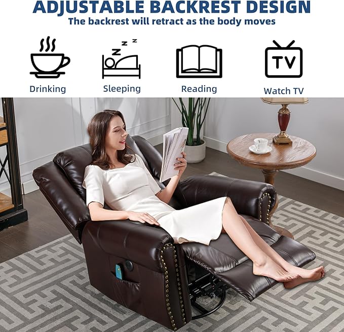 Swivel Rocker Recliner Chair with Heat and Vibration 360° Swivel Glider Rocker Manual Reclining Chair Massage Rocking Lounge Recliners with Side Pockets/USB Ports for Living Room Brown