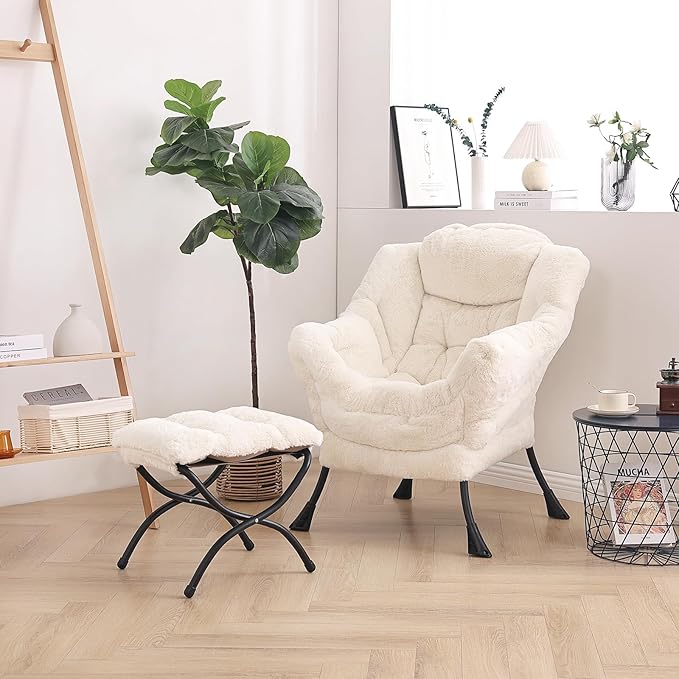 LITA Lazy Chair with Ottoman Modern Accent Leisure Upholstered Sofa Chair Lounge Reading Chair with Armrests and a Side Pocket for Living Room Bedroom &amp Small Space Plush Beige