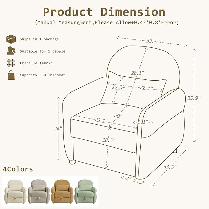Accent Chairs Set of 2 Living Room Chairs in Chenille Fabric Modern Reading Chair with Storage Function for Living Room Apartment and Compact Spaces (Grey)
