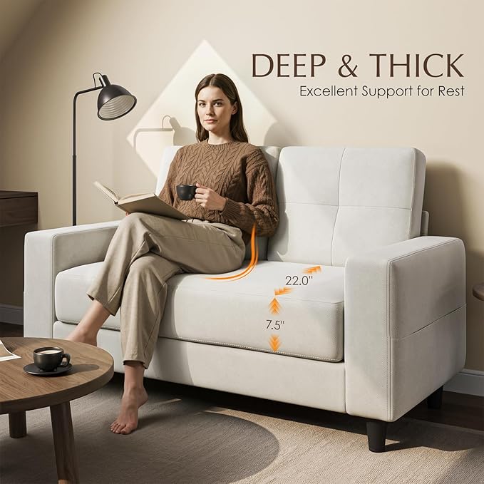 Loveseat Sofa丨53 inch Love Seat Small Couch for Small Space 丨7.5” Thick Seat Cushion Sofas for Bedroom丨Chenille Mini Couch for Apartment Beige