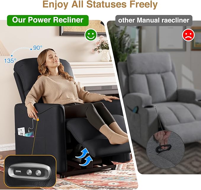 Power Recliner Chair Reclining Chair PU Leather Small Recliners for Small Spaces Infinite Position Electric Recliner Chairs for Adults Electric Recliners with USB Port &amp Side Pocket Black