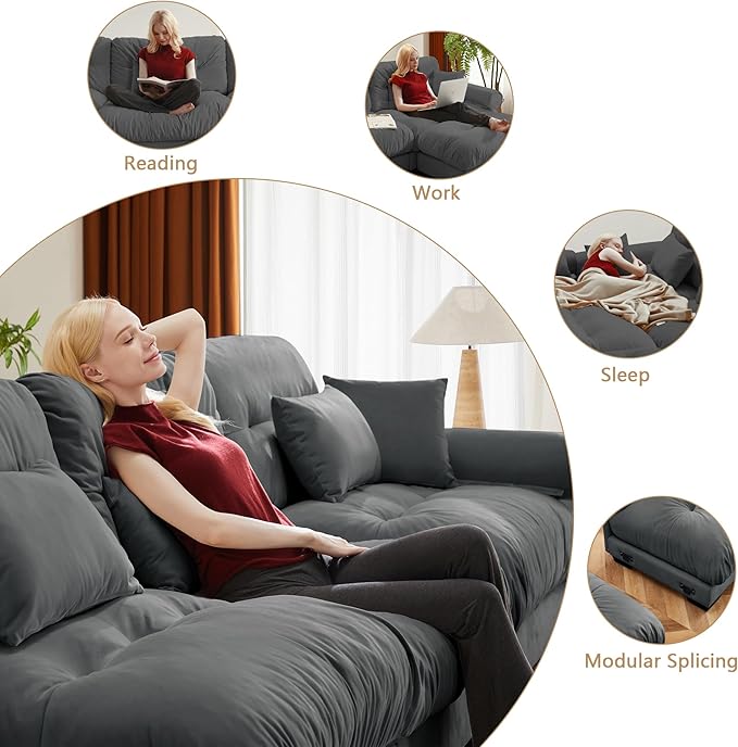 Oversized Modular Sectional Sofa 166 Inch U Shaped Couch Set for Living Room 4-Seater Comfy Velvet Cloud Couches with Movable Ottoman Round Bolster Armrest Grey